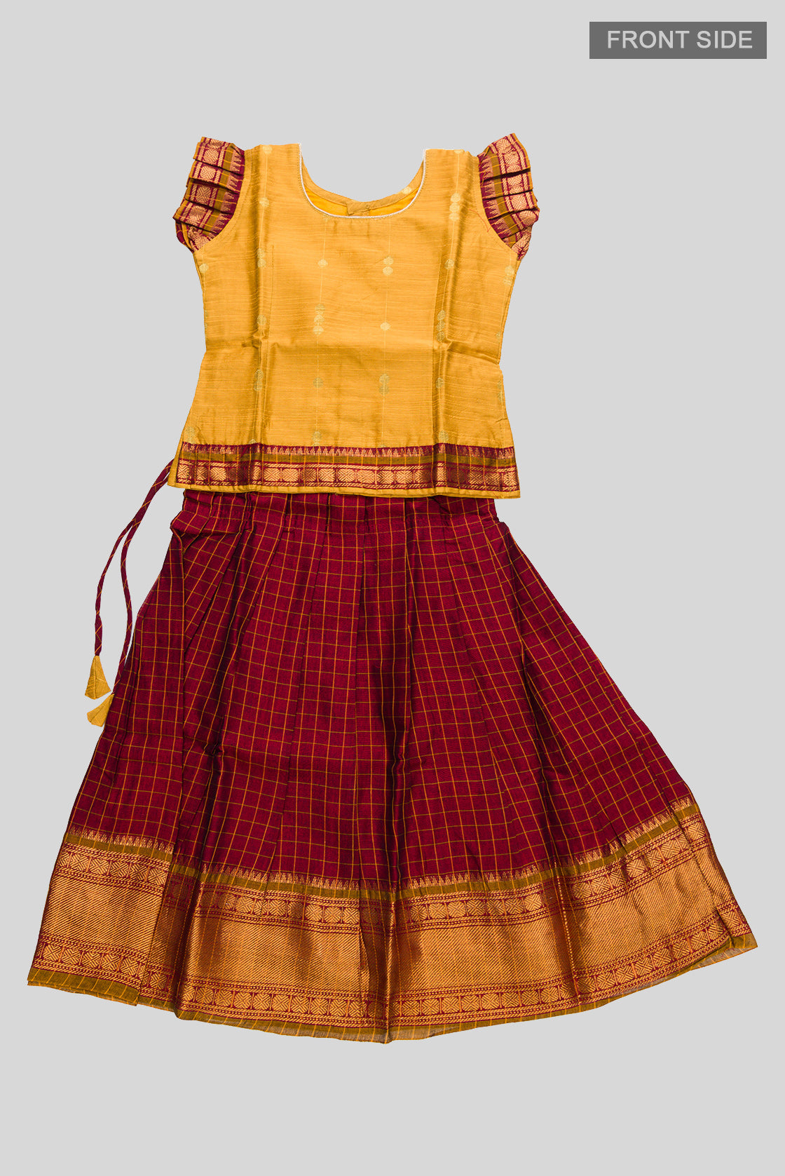 Flat lay front image of Mustard Readymade Cotton Pavadai Set with Zari Butta on the body and Zari Border