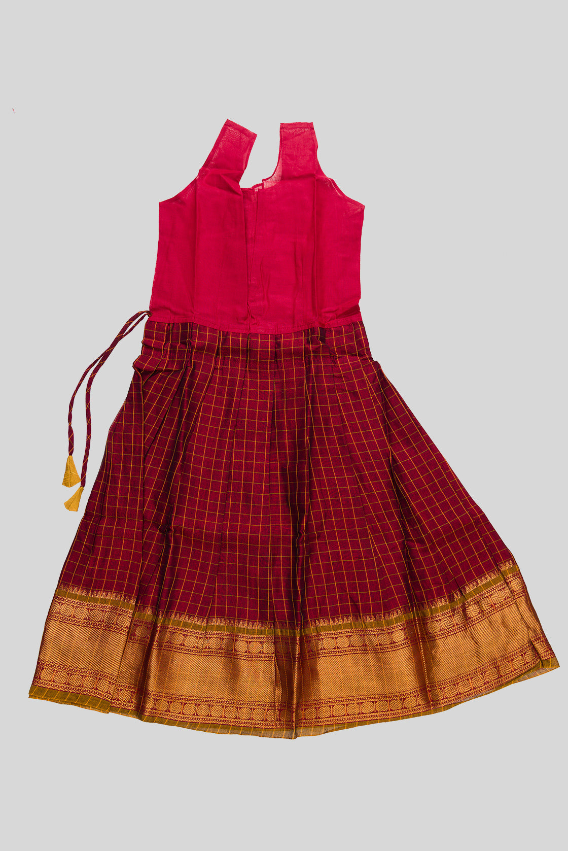 Skirt Image of Mustard Readymade Cotton Pavadai Set with Zari Butta on the body and Zari Border