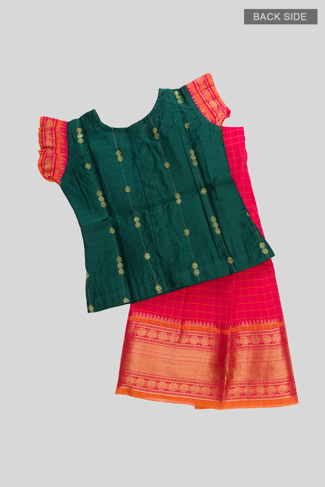 Flat lay back image of Green Readymade Cotton Pavadai Set with Zari Butta on the body and Zari Border