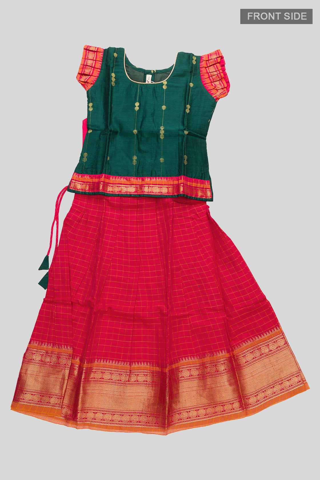 Flat lay front image of Green Readymade Cotton Pavadai Set with Zari Butta on the body and Zari Border