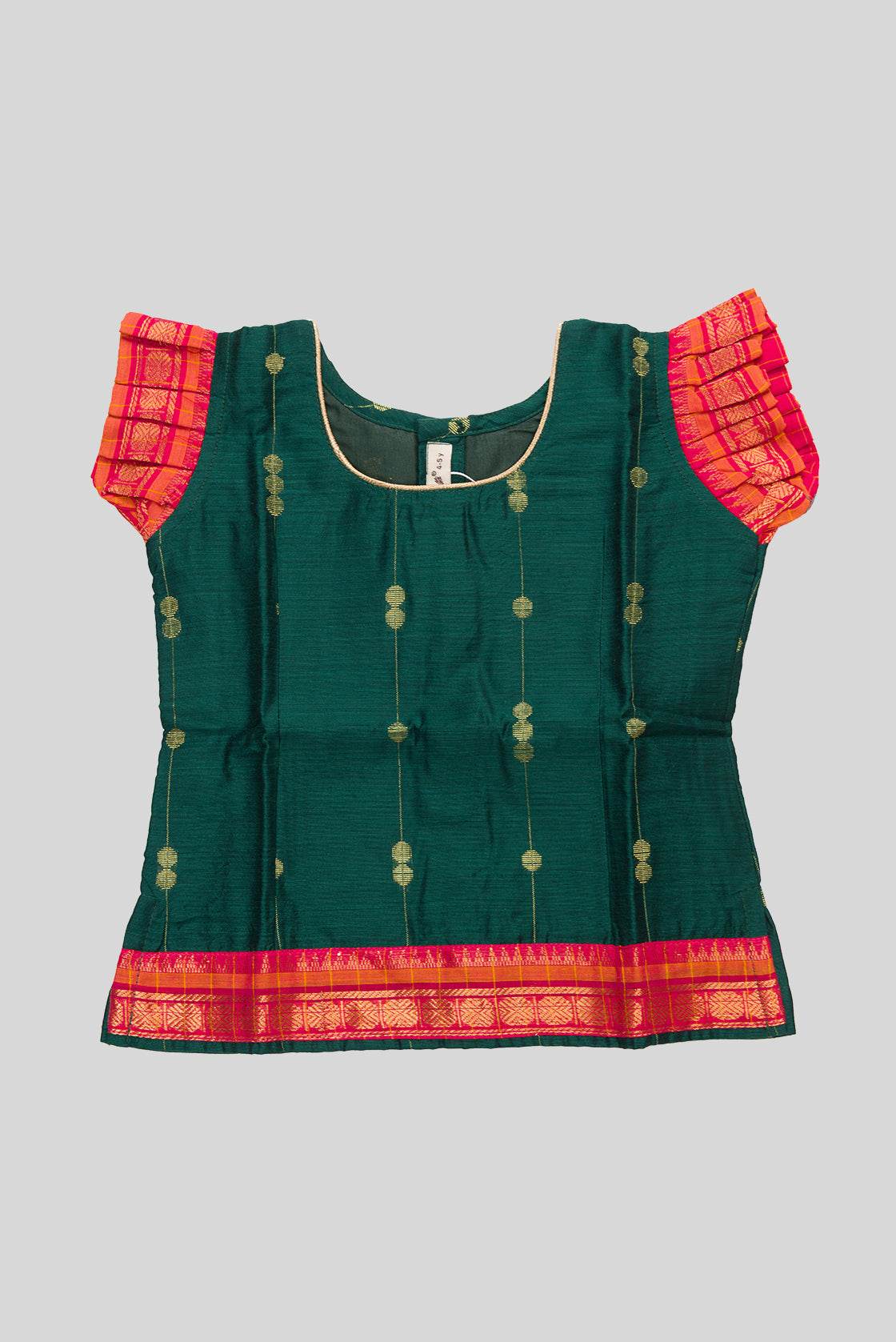 Close up blouse image of Green Readymade Cotton Pavadai Set with Zari Butta on the body and Zari Border