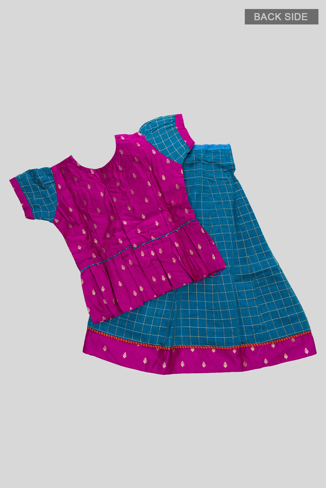 Flat lay back image of Purple Readymade Cotton Pavadai Set with Zari Butta on the body and Zari Border