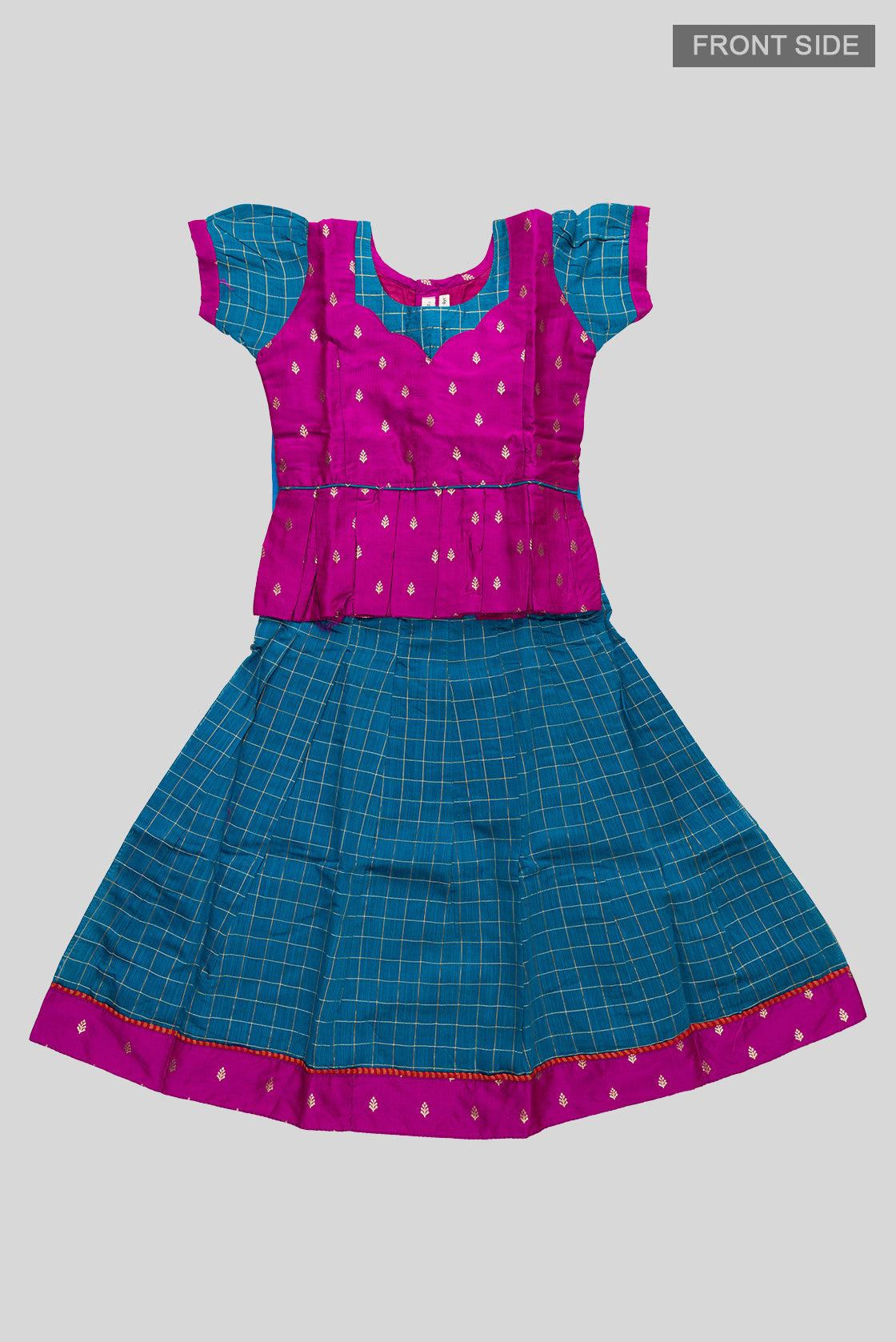 Flat lay front image of Purple Readymade Cotton Pavadai Set with Zari Butta on the body and Zari Border