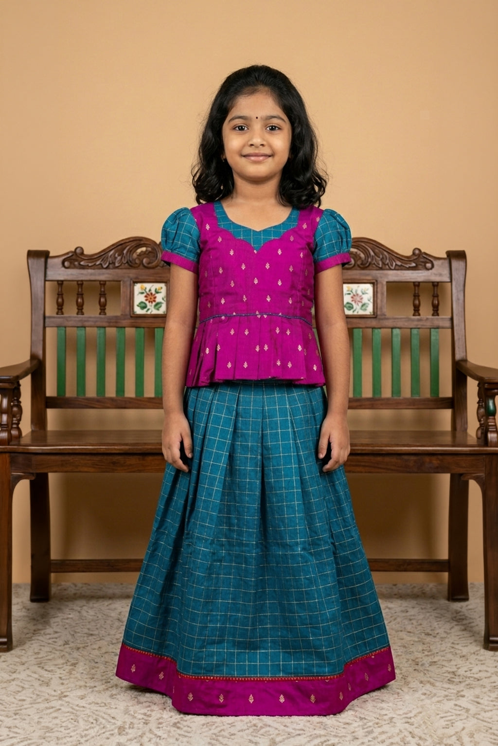 Purple Readymade Cotton Pavadai Set with Zari Butta on the body and Zari Border displayed on a mannequin