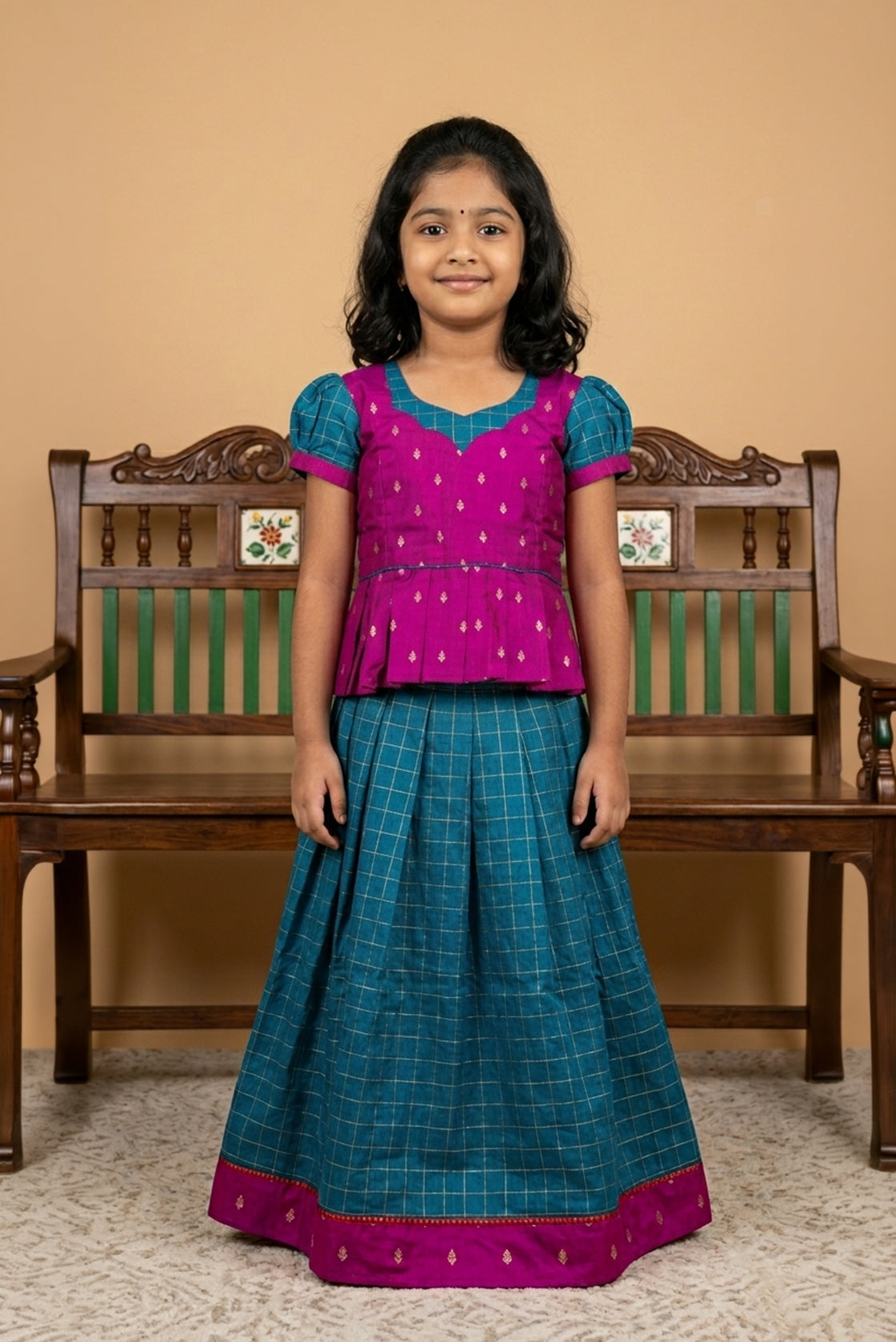 Purple Readymade Cotton Pavadai Set with Zari Butta on the body and Zari Border displayed on a mannequin