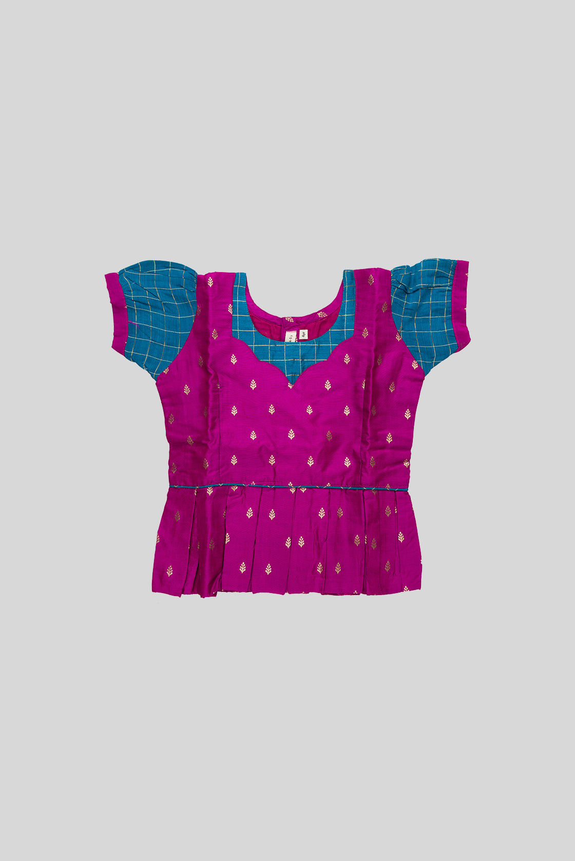 Close up blouse image of Purple Readymade Cotton Pavadai Set with Zari Butta on the body and Zari Border