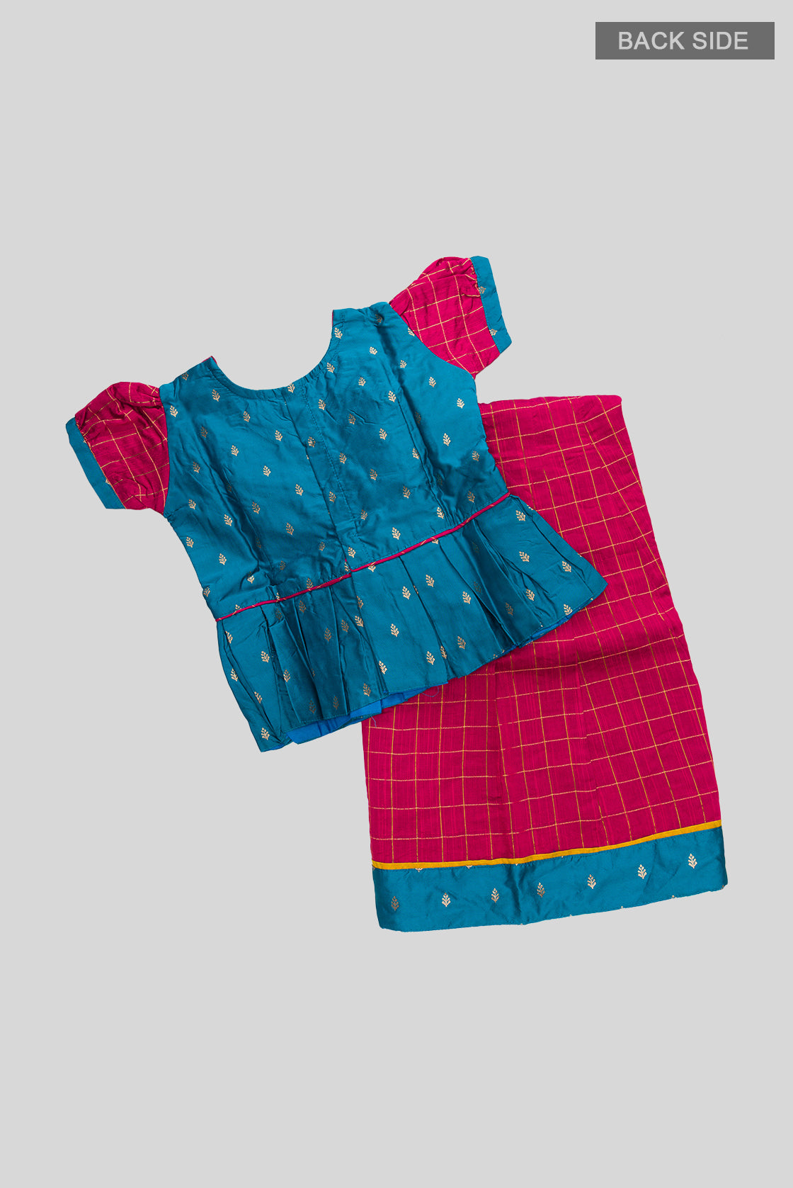 Flat lay back image of Peacock Blue Readymade Cotton Pavadai Set with Zari Butta on the body and Zari Border