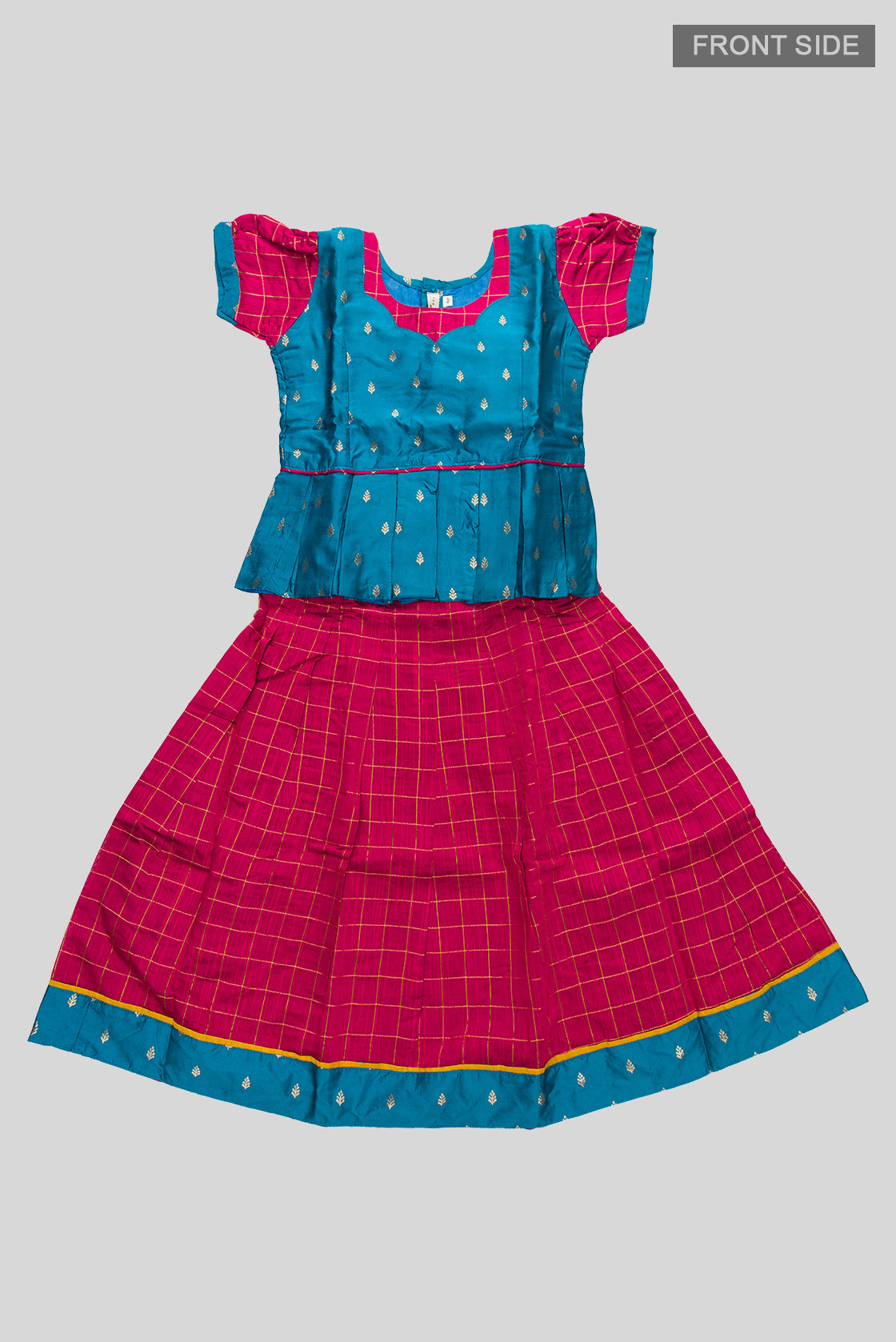 Flat lay front image of Peacock Blue Readymade Cotton Pavadai Set with Zari Butta on the body and Zari Border