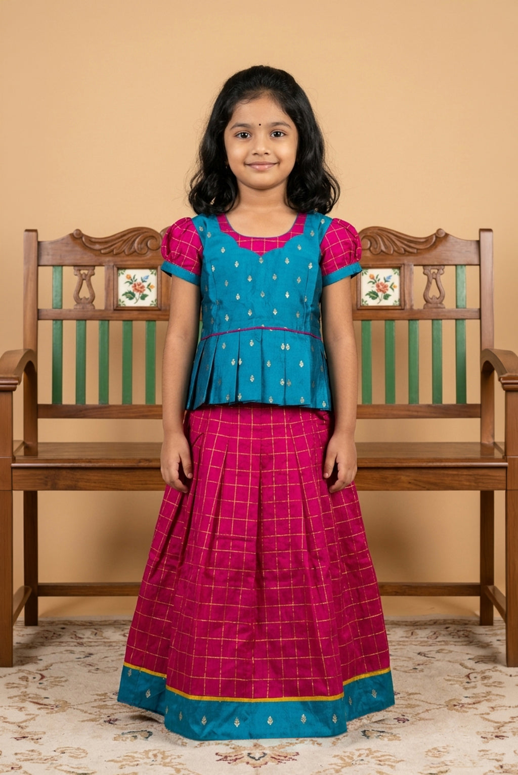 Peacock Blue Readymade Cotton Pavadai Set with Zari Butta on the body and Zari Border displayed on a mannequin