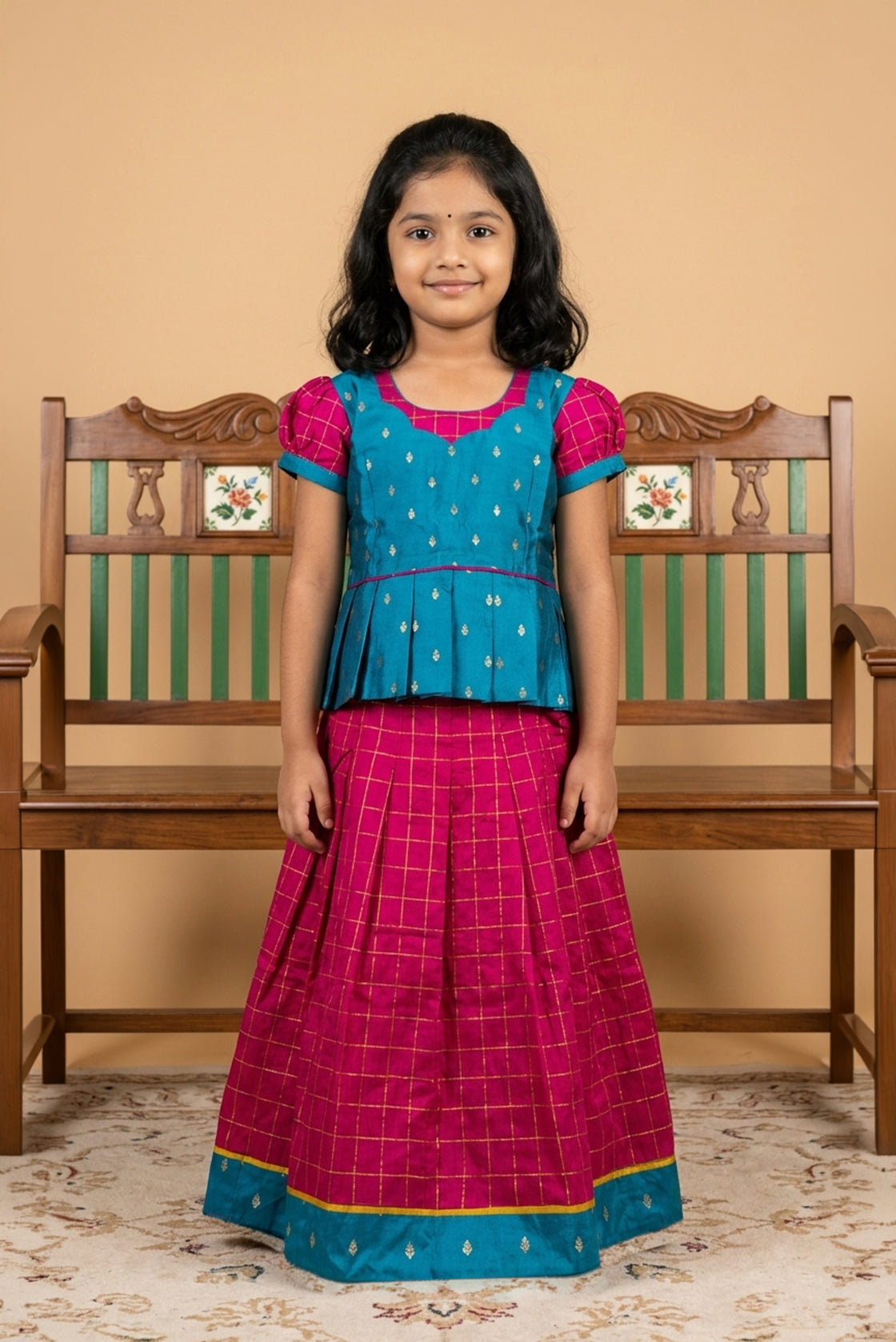 Peacock Blue Readymade Cotton Pavadai Set with Zari Butta on the body and Zari Border displayed on a mannequin