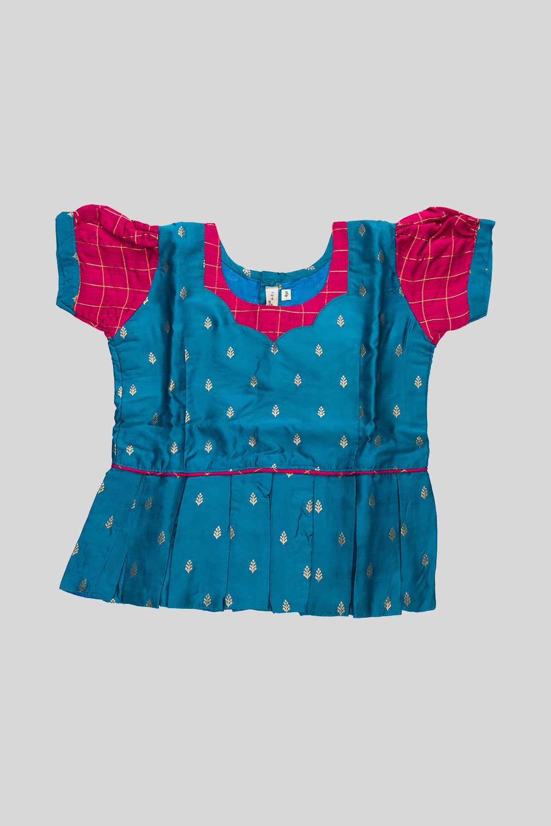 Close up blouse image of Peacock Blue Readymade Cotton Pavadai Set with Zari Butta on the body and Zari Border