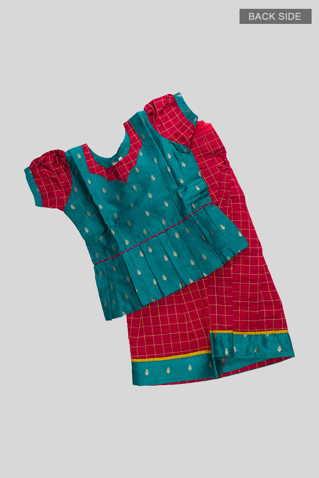 Flat lay back image of Maya Blue Readymade Cotton Pavadai Set with Zari Butta on the body and Zari Border
