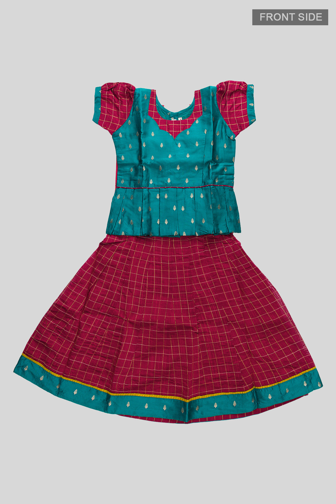 Flat lay front image of Maya Blue Readymade Cotton Pavadai Set with Zari Butta on the body and Zari Border