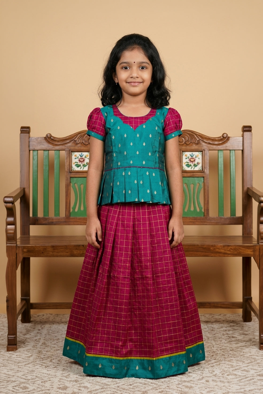 Maya Blue Readymade Cotton Pavadai Set with Zari Butta on the body and Zari Border displayed on a mannequin