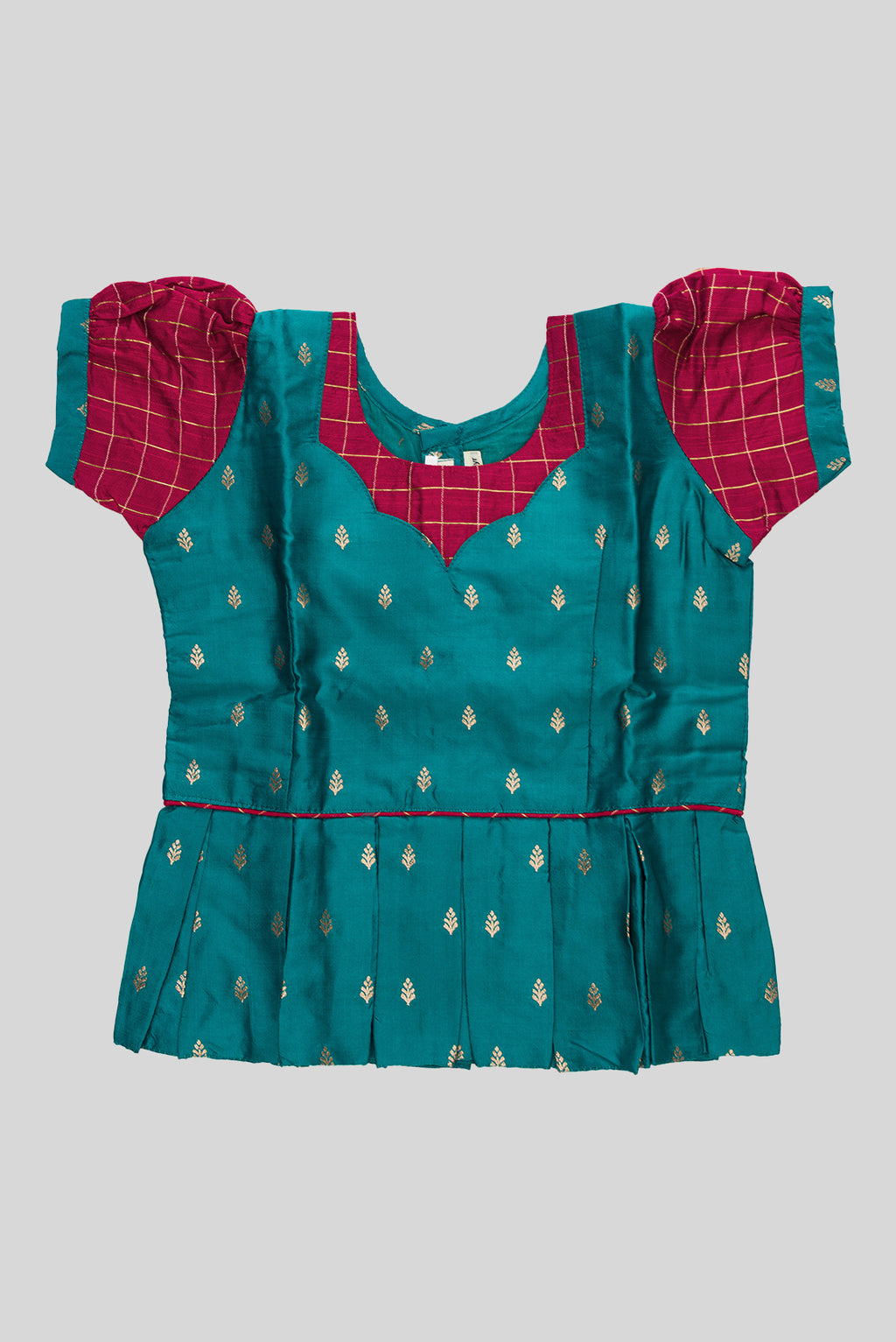 Close up blouse image of Maya Blue Readymade Cotton Pavadai Set with Zari Butta on the body and Zari Border