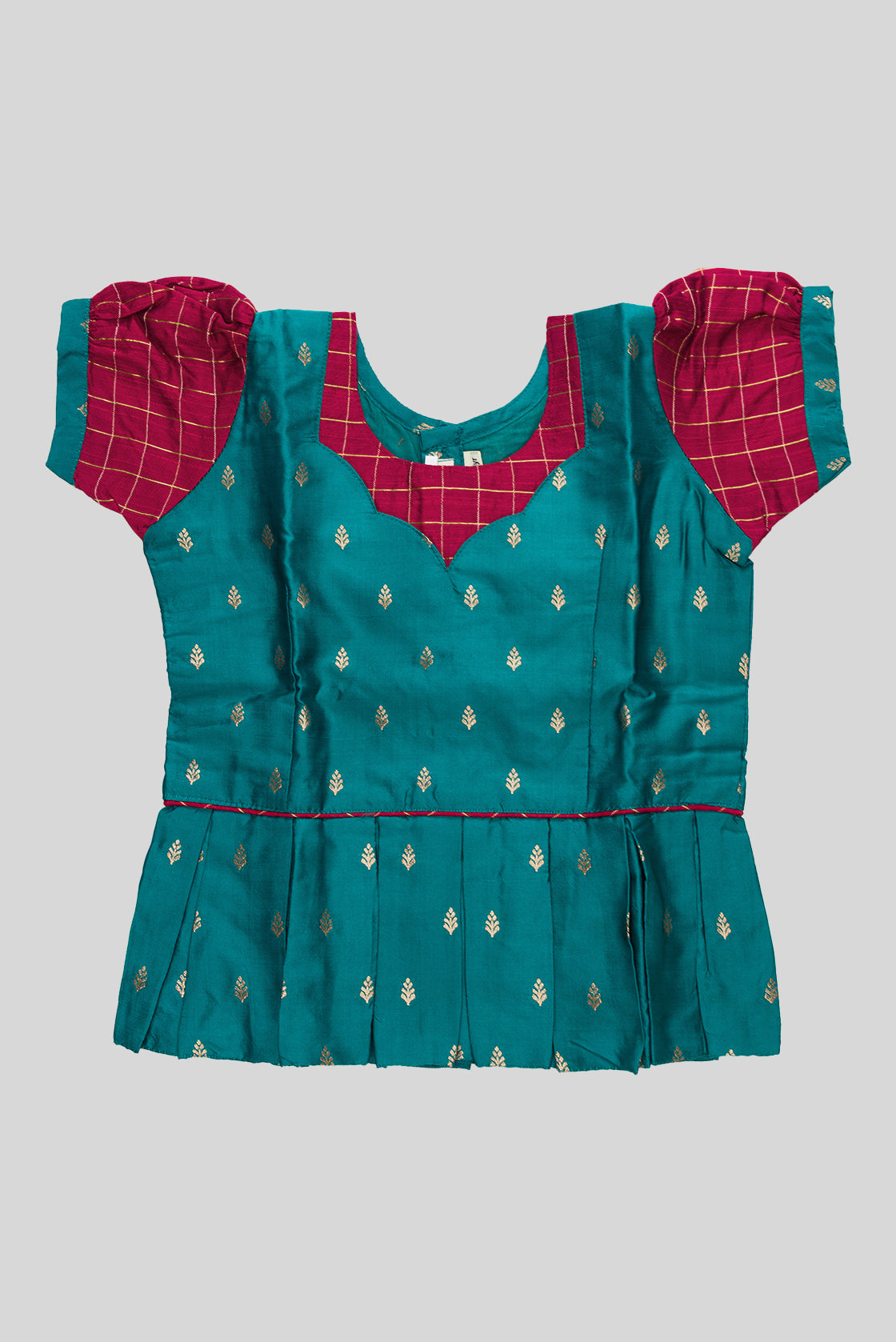 Close up blouse image of Maya Blue Readymade Cotton Pavadai Set with Zari Butta on the body and Zari Border