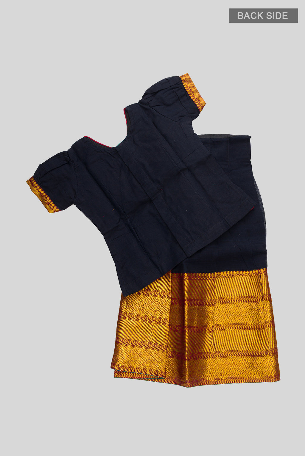 Flat lay back image of Black Readymade Cotton Pavadai Set with Zari Butta on the body and Zari Border