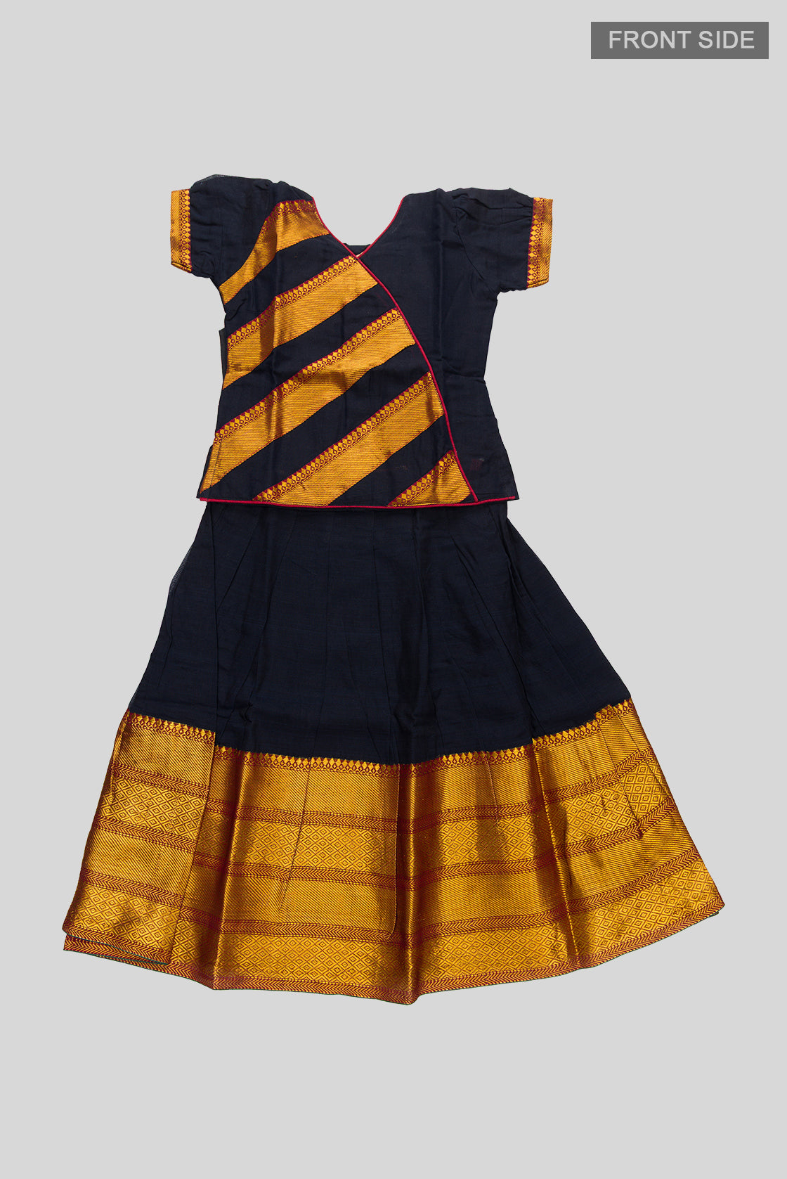Flat lay front image of Black Readymade Cotton Pavadai Set with Zari Butta on the body and Zari Border