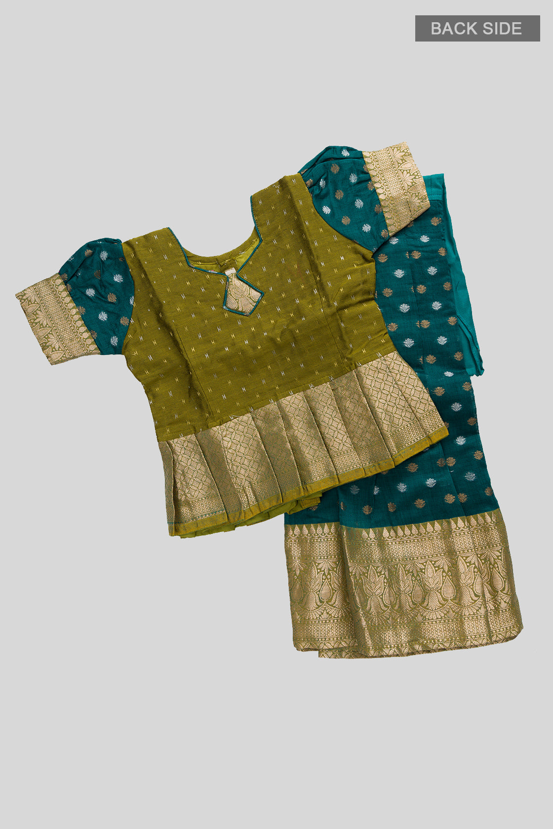 Flat lay back image of Mehandi Green Readymade Cotton Pavadai Set with Zari Butta on the body and Zari Border
