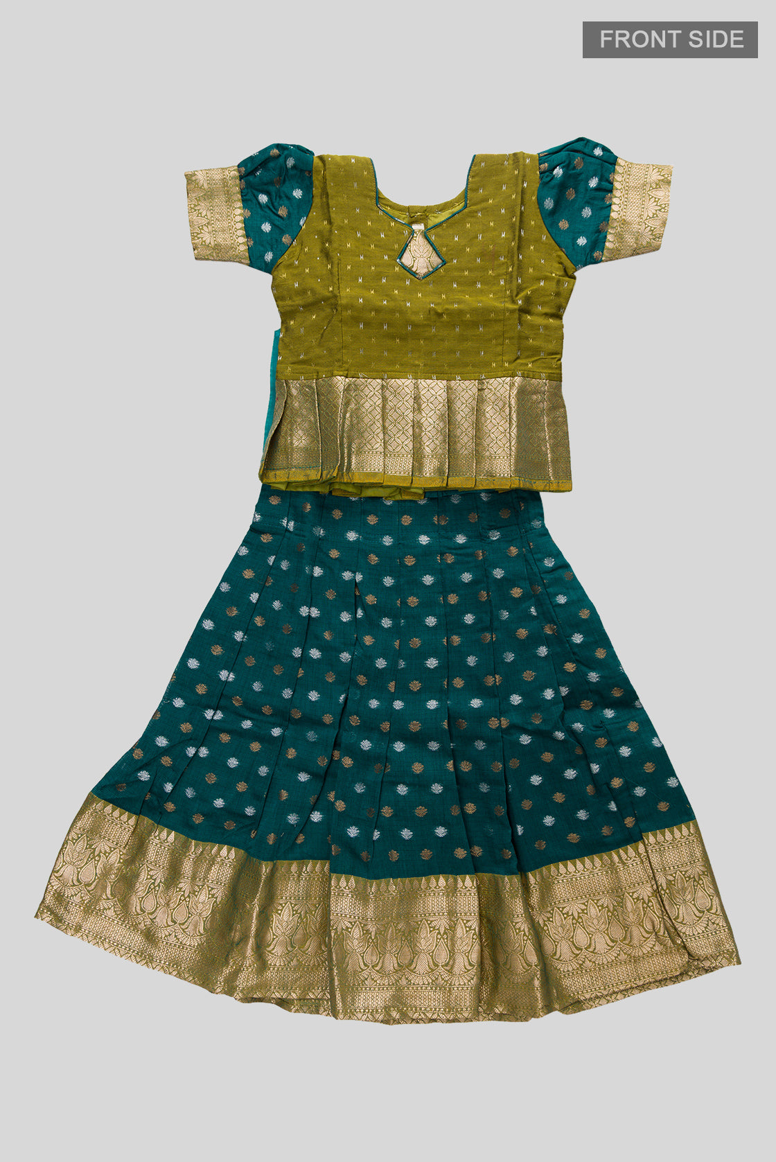Flat lay front image of Mehandi Green Readymade Cotton Pavadai Set with Zari Butta on the body and Zari Border