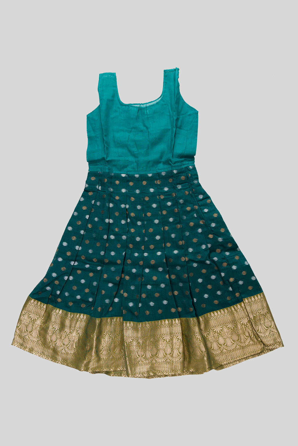 Skirt Image of Mehandi Green Readymade Cotton Pavadai Set with Zari Butta on the body and Zari Border