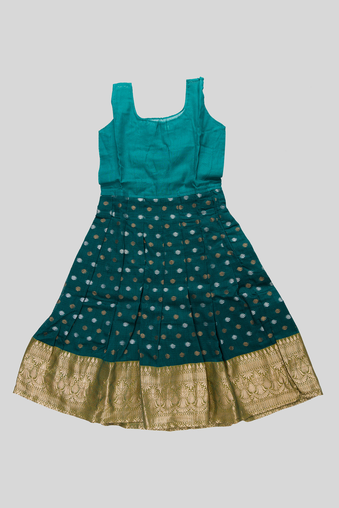 Skirt Image of Mehandi Green Readymade Cotton Pavadai Set with Zari Butta on the body and Zari Border