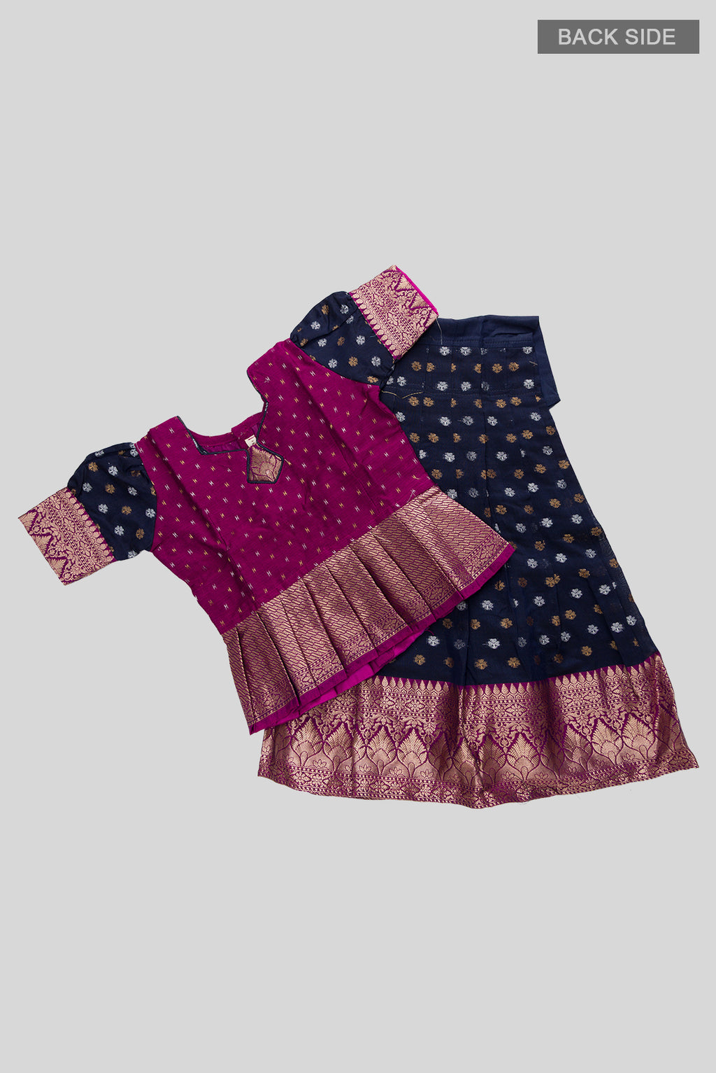 Flat lay back image of Purple Readymade Cotton Pavadai Set with Zari Butta on the body and Zari Border