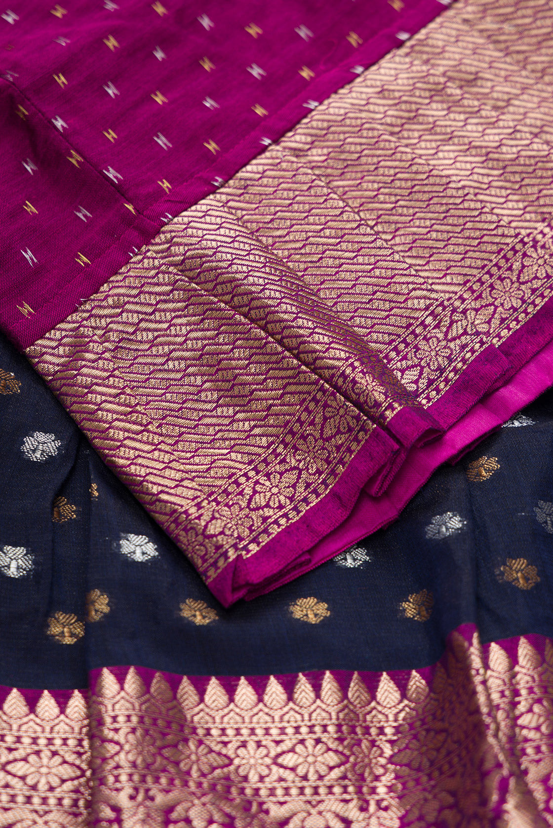 Detailed shot of Purple Readymade Cotton Pavadai Set with Zari Butta on the body and Zari Border