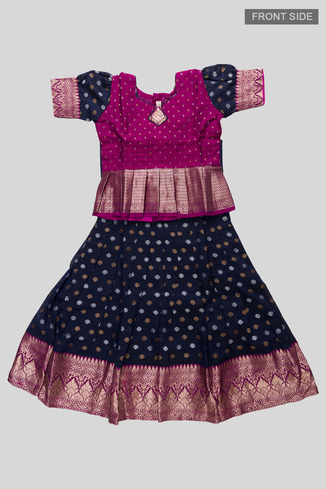 Flat lay front image of Purple Readymade Cotton Pavadai Set with Zari Butta on the body and Zari Border