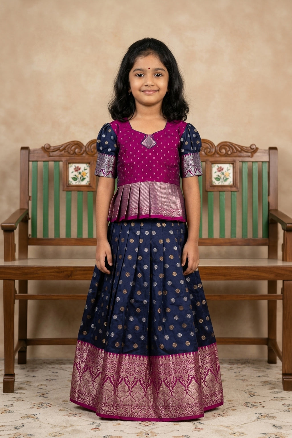 Purple Readymade Cotton Pavadai Set with Zari Butta on the body and Zari Border displayed on a mannequin