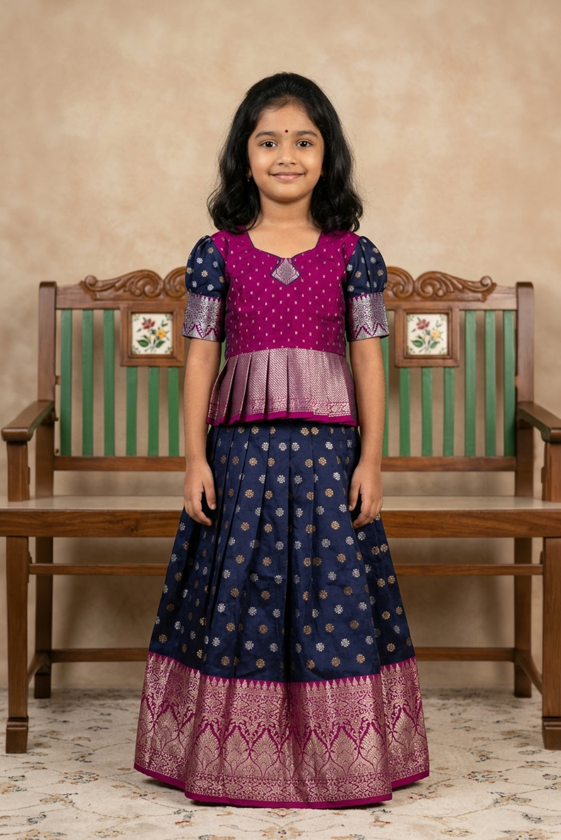 Purple Readymade Cotton Pavadai Set with Zari Butta on the body and Zari Border displayed on a mannequin
