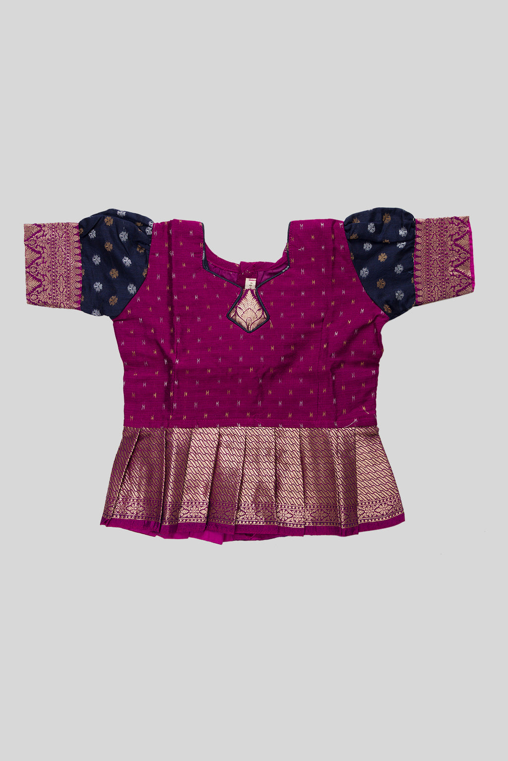 Close up blouse image of Purple Readymade Cotton Pavadai Set with Zari Butta on the body and Zari Border