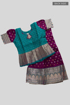Flat lay back image of Green Readymade Cotton Pavadai Set with Zari Butta on the body and Zari Border