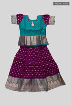 Flat lay front image of Green Readymade Cotton Pavadai Set with Zari Butta on the body and Zari Border