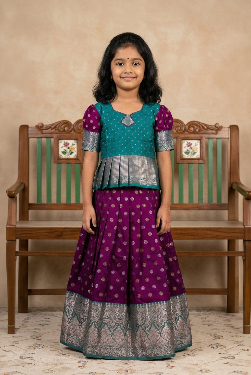Green Readymade Cotton Pavadai Set with Zari Butta on the body and Zari Border displayed on a mannequin