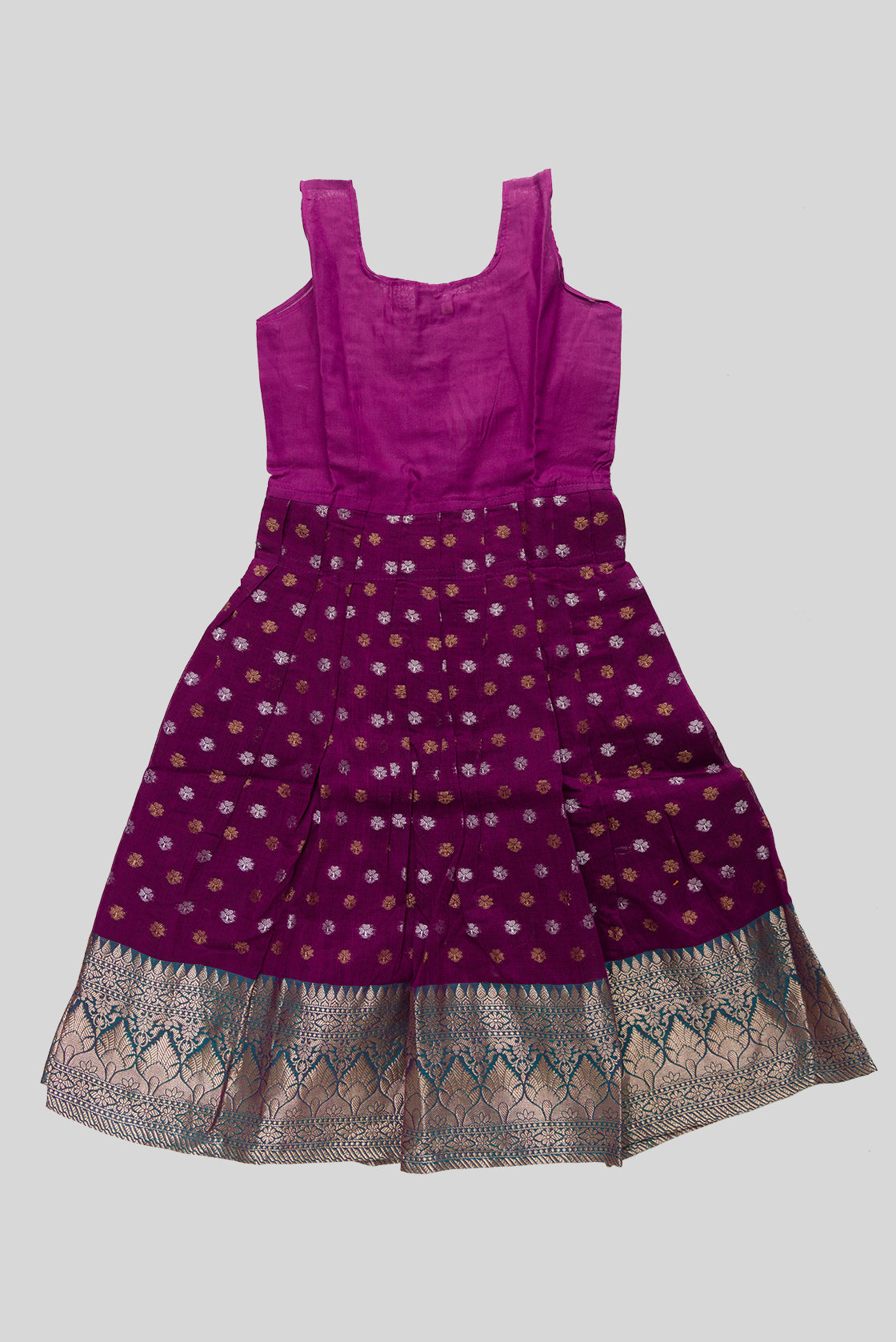 Skirt Image of Green Readymade Cotton Pavadai Set with Zari Butta on the body and Zari Border