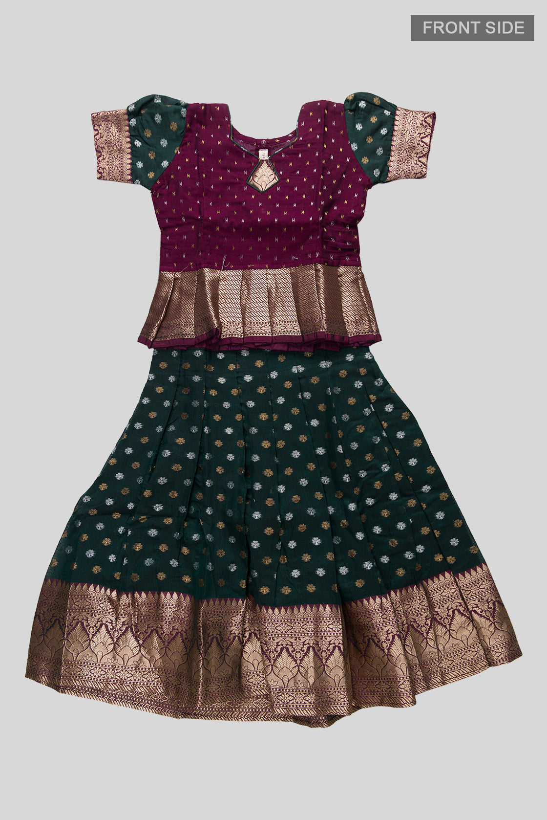 Flat lay front image of Magenta Readymade Cotton Pavadai Set with Zari Butta on the body and Zari Border