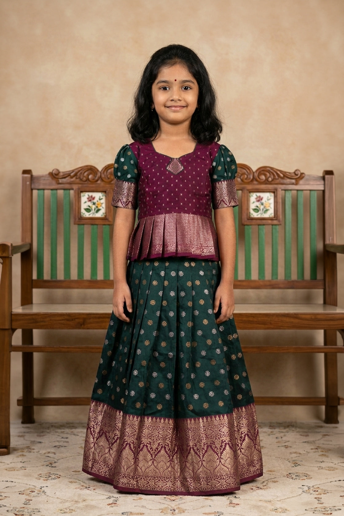 Magenta Readymade Cotton Pavadai Set with Zari Butta on the body and Zari Border displayed on a mannequin