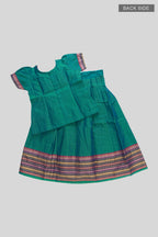 Flat lay back image of Peacock Blue Readymade Cotton Pavadai Set with  on the body and Zari Border