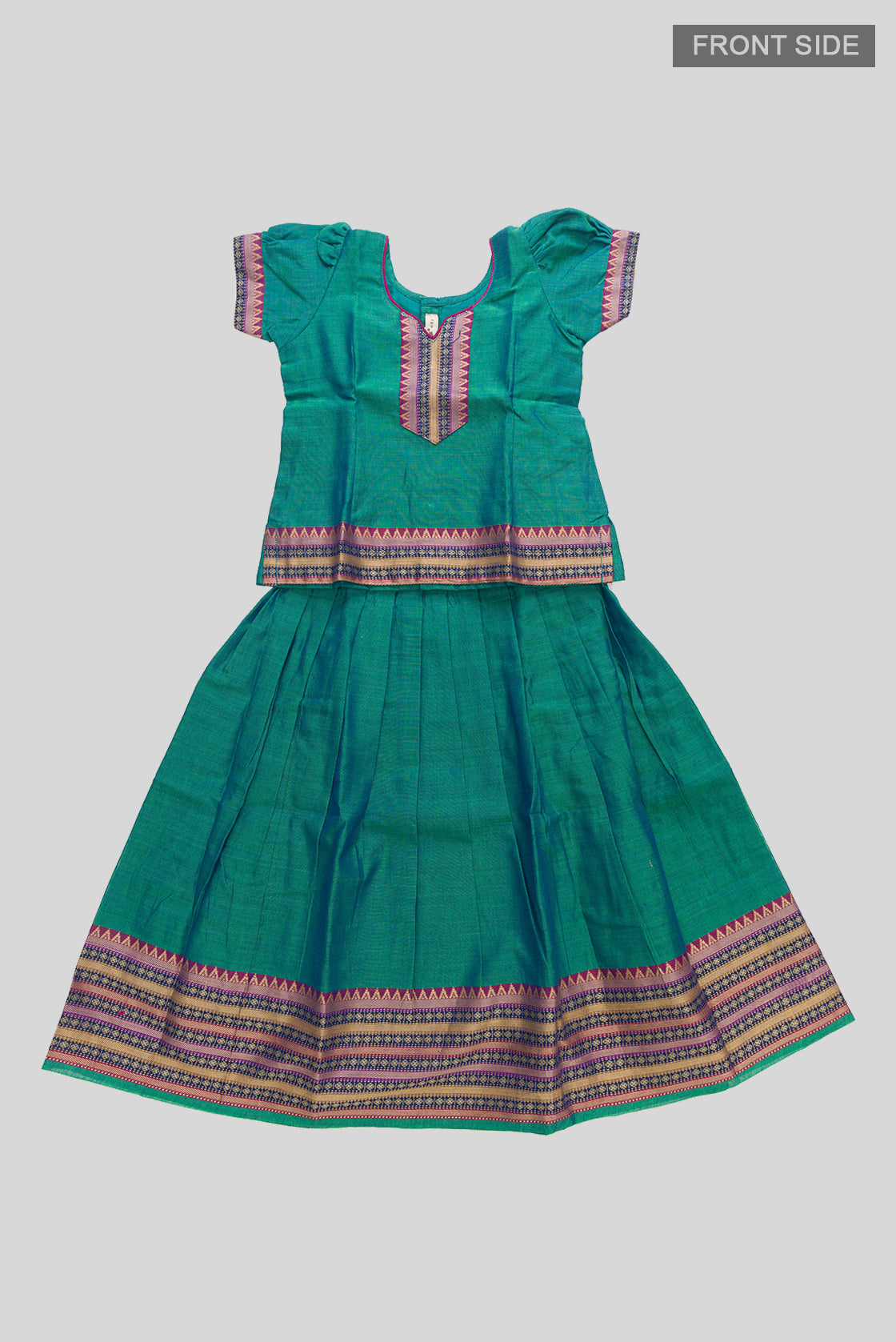 Flat lay front image of Peacock Blue Readymade Cotton Pavadai Set with  on the body and Zari Border
