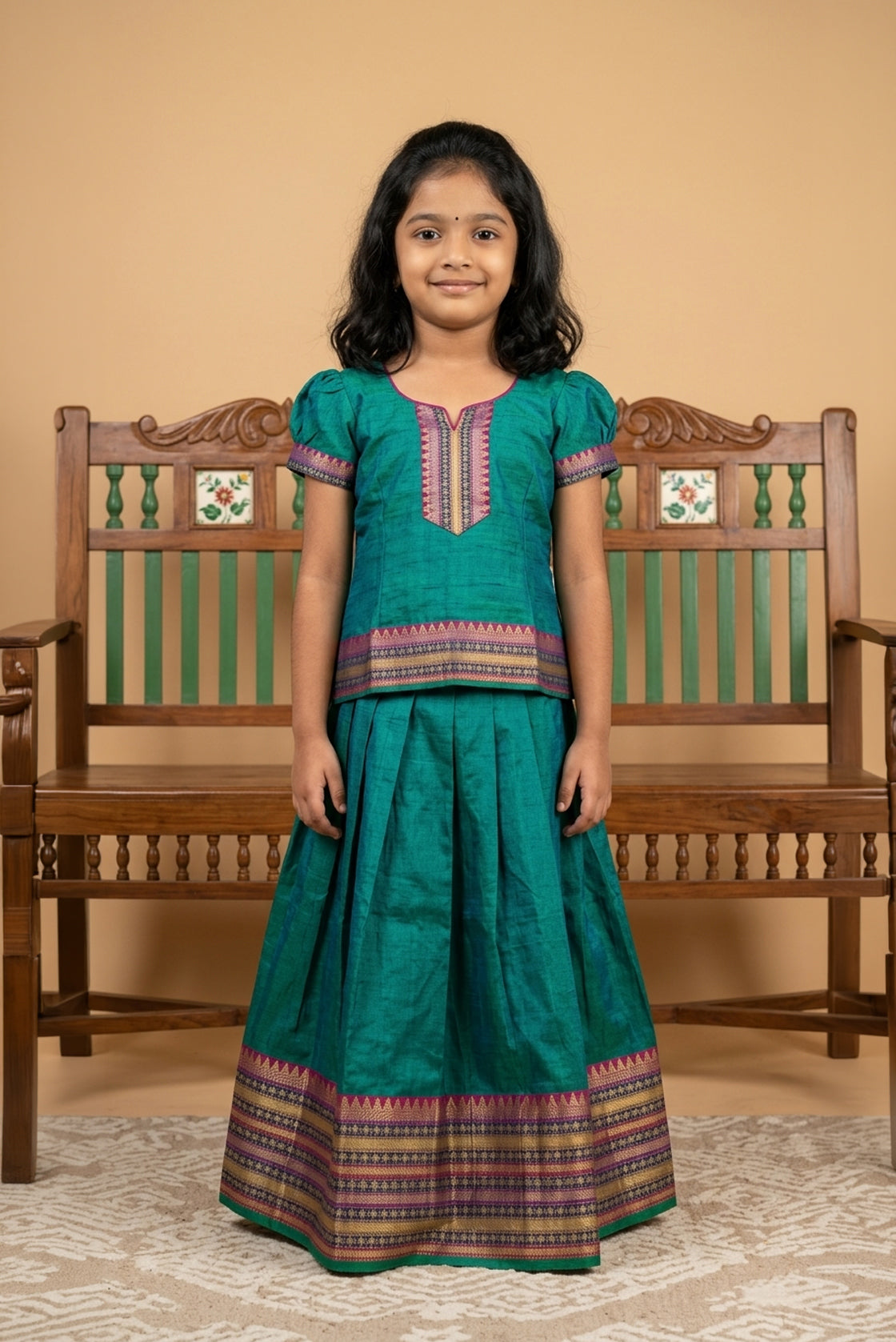Peacock Blue Readymade Cotton Pavadai Set with  on the body and Zari Border displayed on a mannequin