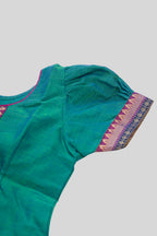 Close up sleeve details of Peacock Blue Readymade Cotton Pavadai Set with  on the body and Zari Border