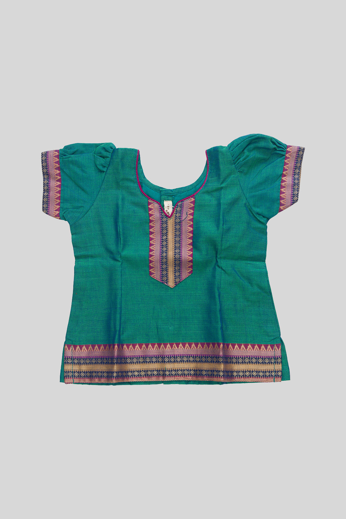 Close up blouse image of Peacock Blue Readymade Cotton Pavadai Set with  on the body and Zari Border