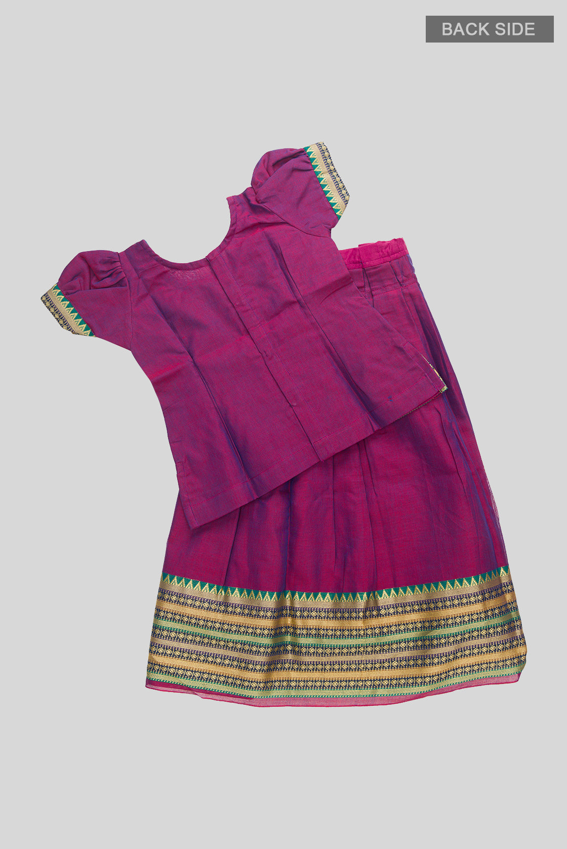 Flat lay back image of Purple Readymade Cotton Pavadai Set with  on the body and Zari Border