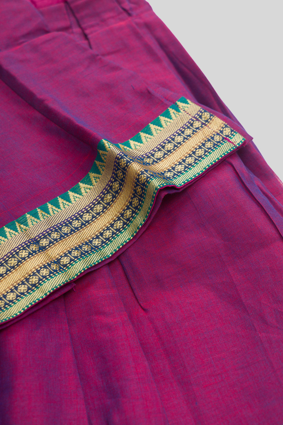 Detailed shot of Purple Readymade Cotton Pavadai Set with  on the body and Zari Border