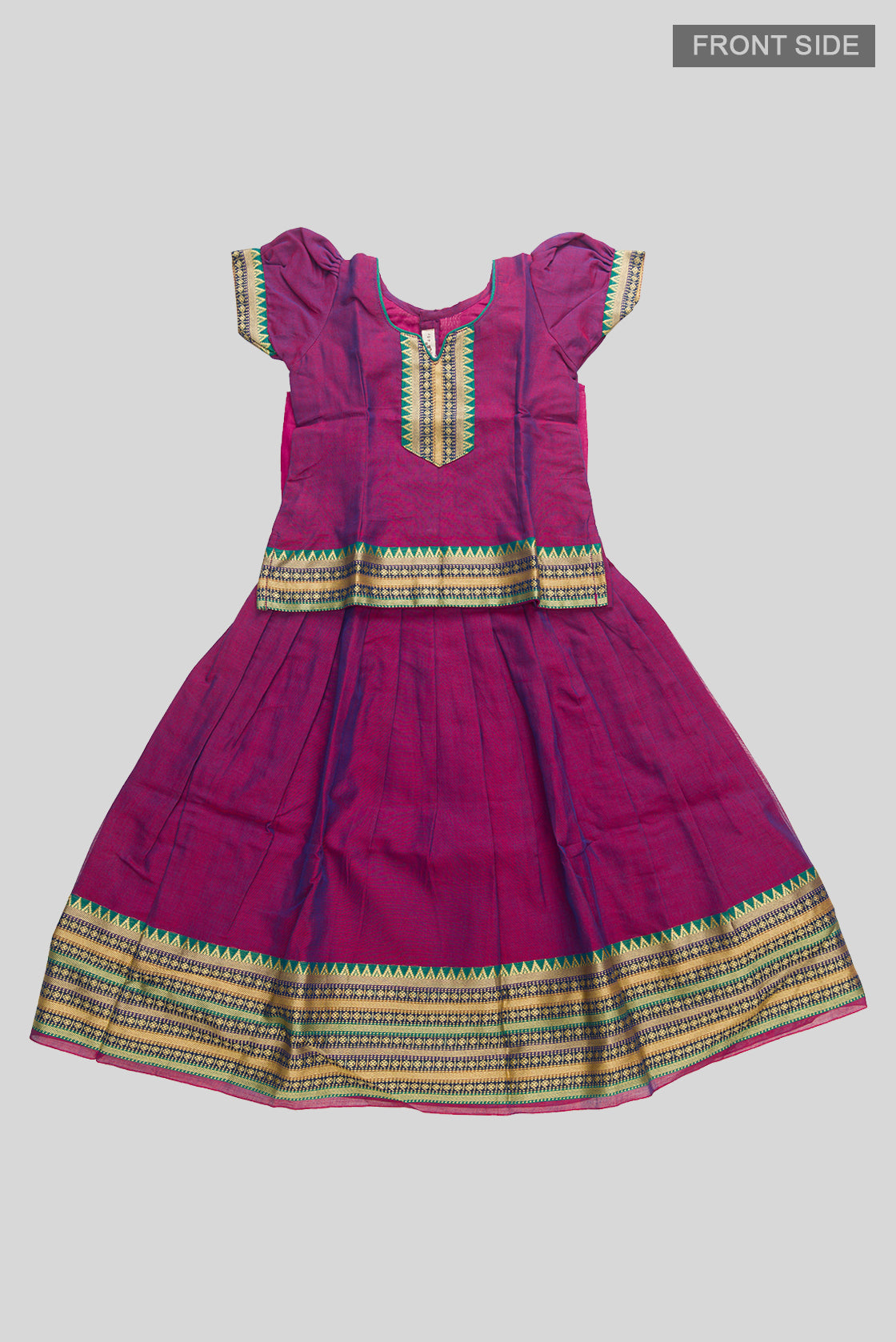 Flat lay front image of Purple Readymade Cotton Pavadai Set with  on the body and Zari Border