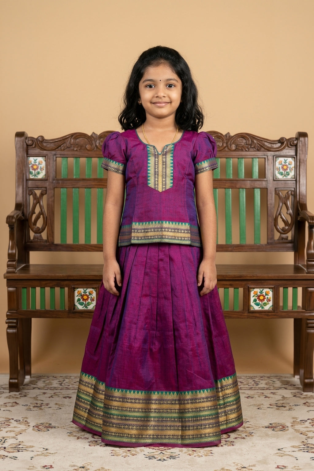 Purple Readymade Cotton Pavadai Set with  on the body and Zari Border displayed on a mannequin