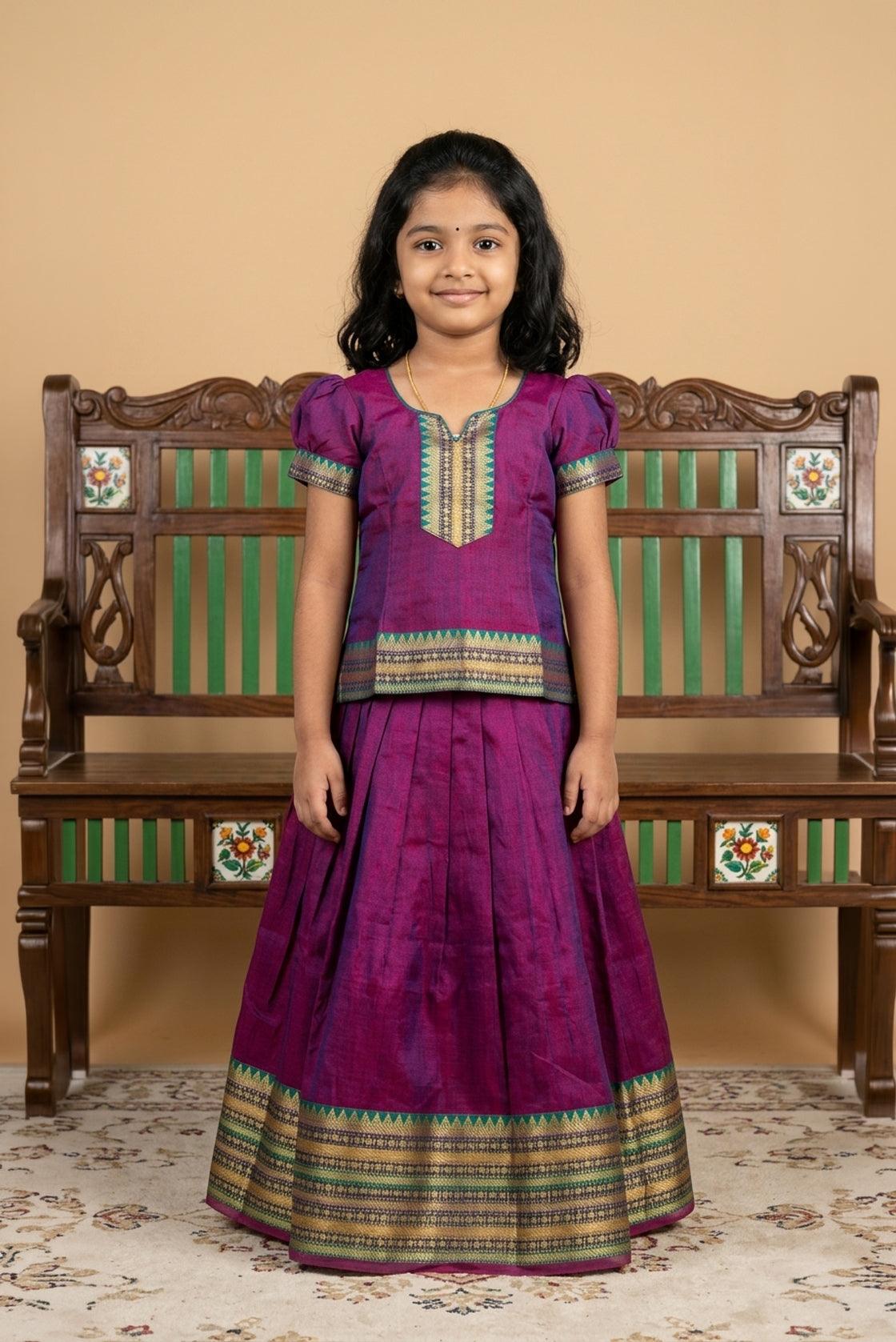 Purple Readymade Cotton Pavadai Set with  on the body and Zari Border displayed on a mannequin