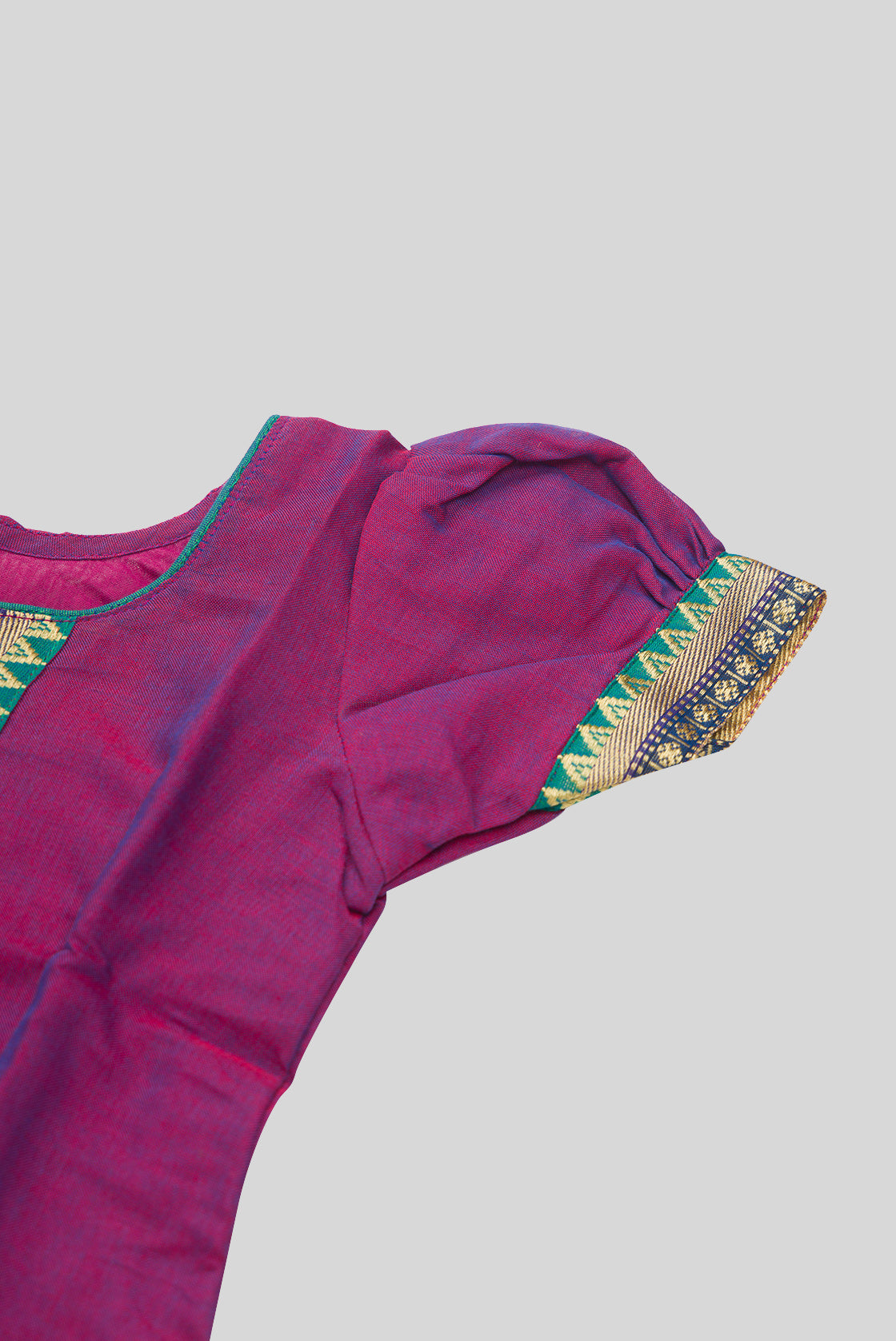 Close up sleeve details of Purple Readymade Cotton Pavadai Set with  on the body and Zari Border