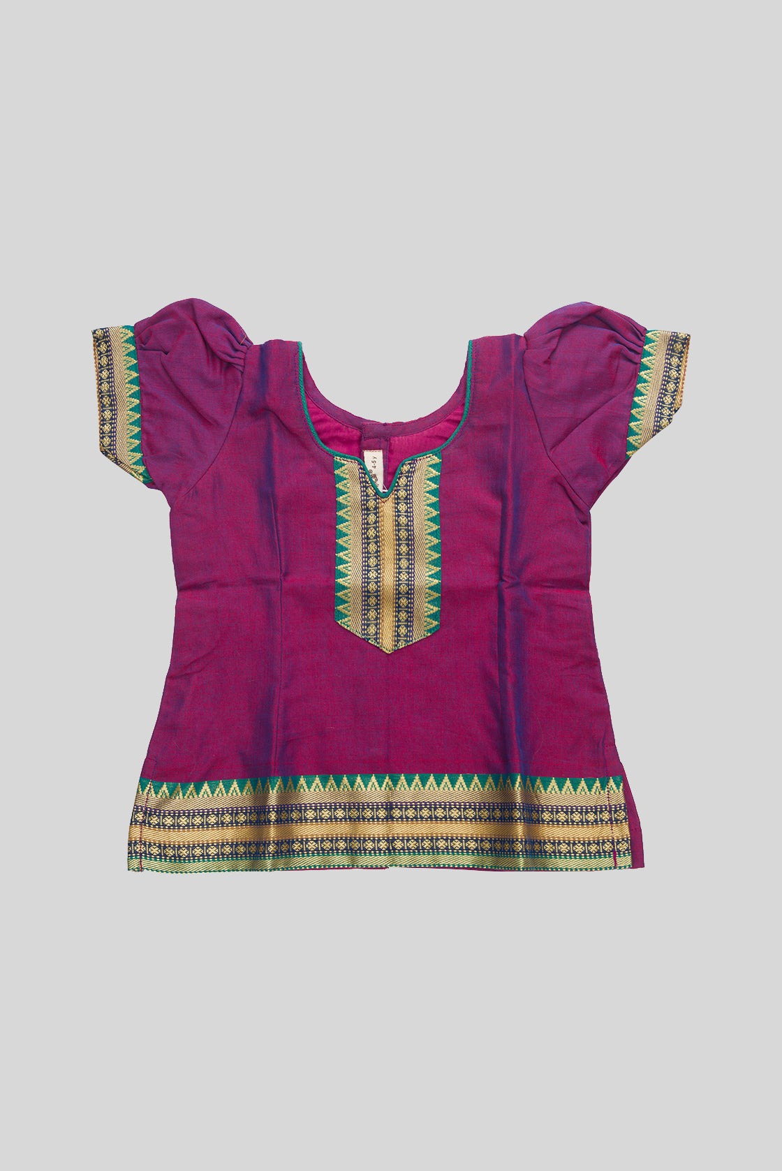 Close up blouse image of Purple Readymade Cotton Pavadai Set with  on the body and Zari Border